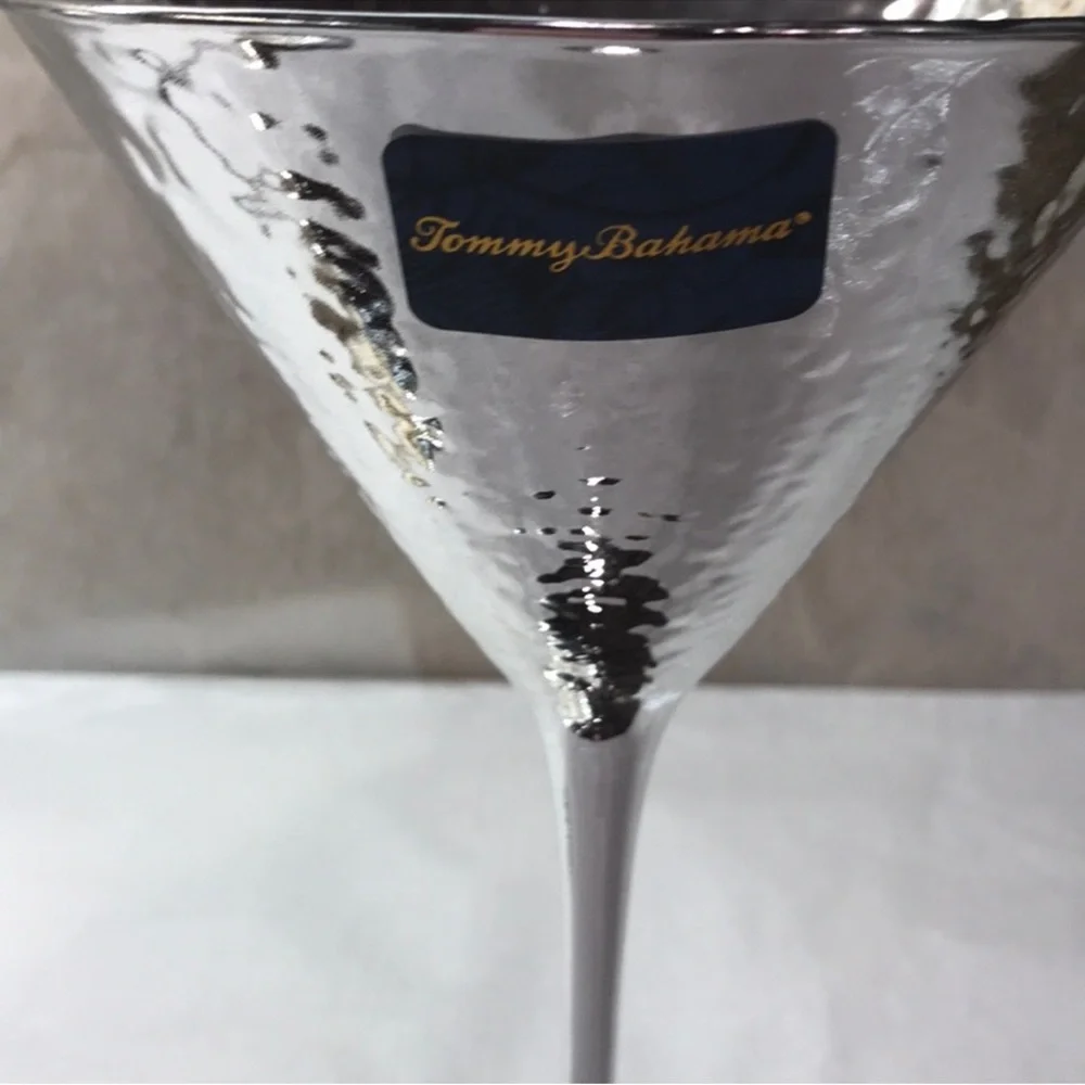 2 Tommy Bahama Silver Metallic Hand Hammered Look Reflective Martini Set 2 New